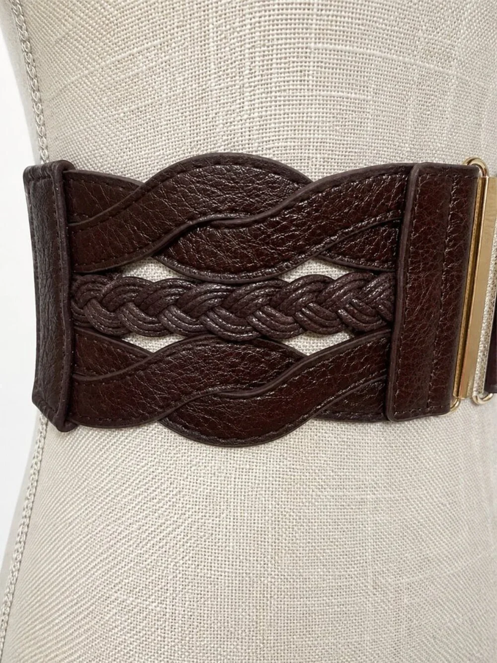 Brown Braided Stretch Waist Belt Gold Tone Buckle Wide 3
